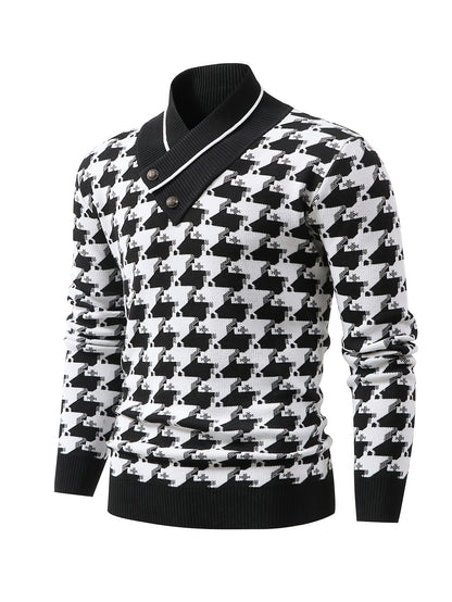 Temujin OBM Men's Fashion New Houndstooth Jacquard Knit Long Sleeve Pullover Sweater