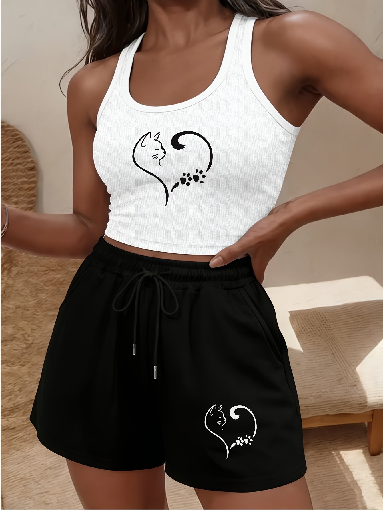 Buttery-Soft Crop Tank & Drawstring Shorts Set for Casual Wear