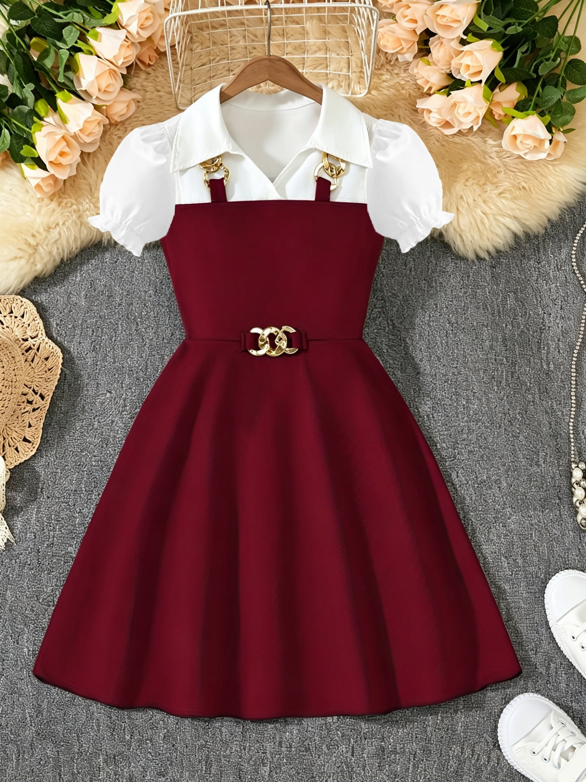 Girls' Casual Short-Sleeve Dress with Golden Chain Accent