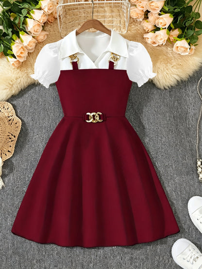 Girls' Casual Short-Sleeve Dress with Golden Chain Accent