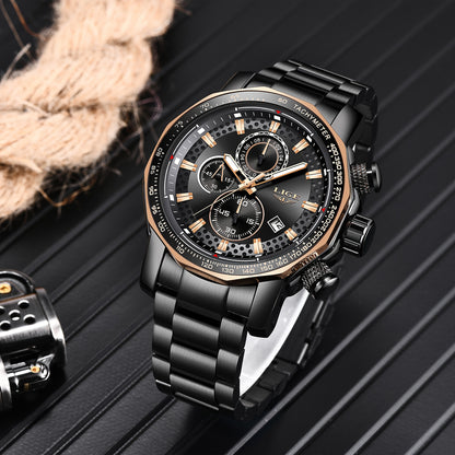 LIGE Watches Fashion Junior Men's Sports Multifunctional Quartz Watch, IP68 Waterproof Watch, Stainless Steel Band, Precision Chronograph, Stopwatch Date Function, Casual Elegant Vintage Style New Watch, Holiday Gifts - ayq