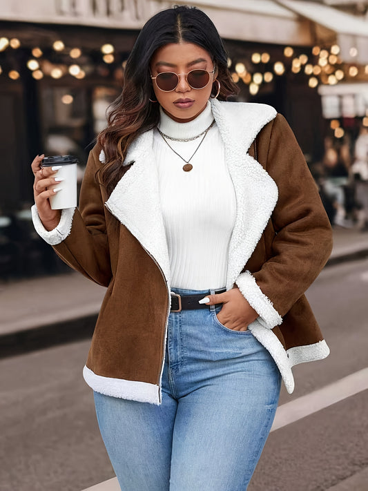 Plus Size Women'S Color Block Lapel Collar Zip-Up Jacket - Warm Fleece-Lined Casual Outerwear with Front Pockets, Solid Color Design for Fall/Winter, Cozy Layering Piece, Winter Jacket, Fall Fashion, Sporty Style, Durable Fab