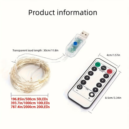 USB-Powered LED Fairy Lights with Remote Control - Copper Silvery Wire Garland for Weddings, Parties, Holidays, Birthdays, Halloween & Christmas Decor