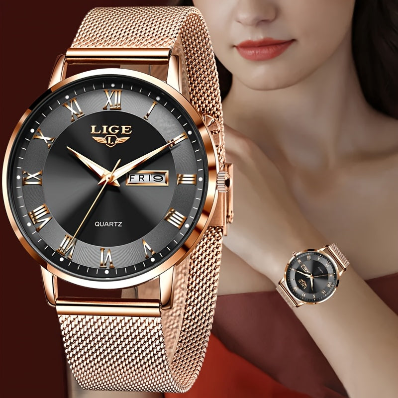 LIGE Women's Elegant Stainless Steel Quartz Watch with Date