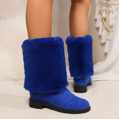 Women's Fashion Solid Color Mid-Calf Fluffy Boots with Slip-On Closure, Plain Toe Platform Heel, Comfy & Warm Fabric-Lined Winter Footwear - TPR Sole, Mid Heel, European Special from Huizhou