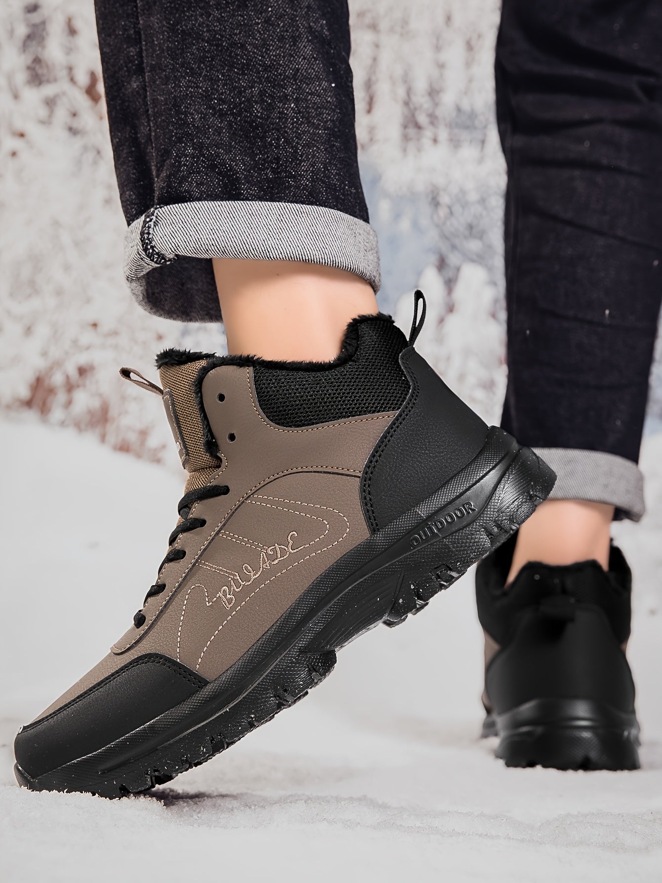 Men's Winter High-Top Ankle-High Outdoor Boots - Upper, Plush Lining & Cushioned Insole, Slip-Resistant MD Sole, Brown/Black Trekking Shoes for Snow, Ice, and Cold Weather - Lightweight & Durable Casual Winter Boots for Hikin