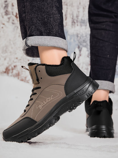 Men's Winter High-Top Ankle-High Outdoor Boots - Upper, Plush Lining & Cushioned Insole, Slip-Resistant MD Sole, Brown/Black Trekking Shoes for Snow, Ice, and Cold Weather - Lightweight & Durable Casual Winter Boots for Hikin