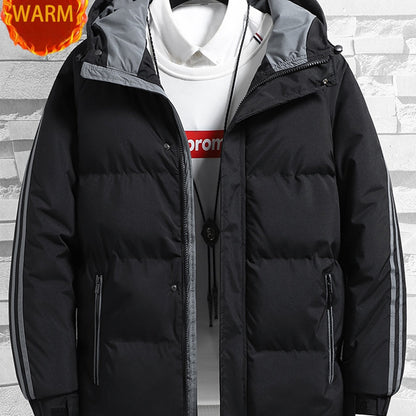 1pc Men's Heavy-Duty Winter Jacket with Hood - -Filled Coat, White & Dark Green, Golden-Zip Closure, Machine Washable, Casual Outdoor Wear (Snow, Windproof) - Regular Fit for, Skiing, Cold