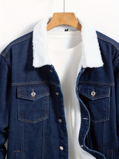 Men's Casual Warm Fleece Lined Denim Jacket, Chic Street Style Button Up Jacket for Fall Winter