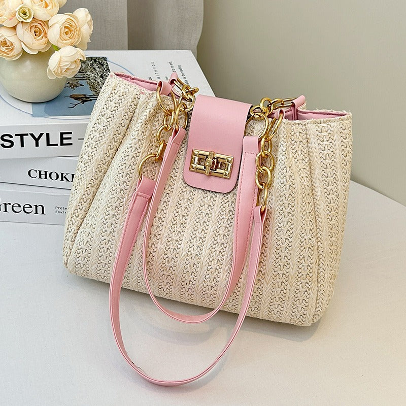 Elegant Women'S Crossbody Bag Featuring a Detachable Chain Shoulder Strap And Golden Hardware - Luxurious Wallet with Golden Accents, Rotating Lock Closure, Available in Brown And Black - Korean Style, Niche Woven Material, L