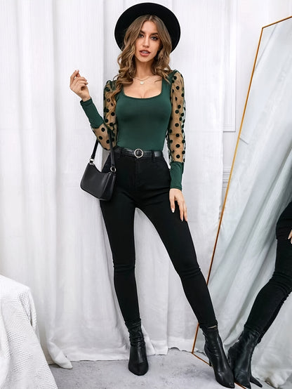 New Style U-Neck Mesh Spliced Polka Dot Long Sleeve Solid Color Fitted Casual Versatile Top