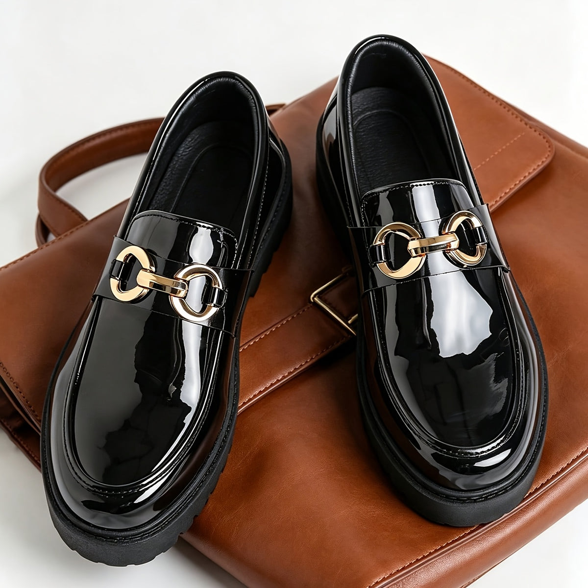 Men's British Style Slip-On Loafers with Metal Buckle, Rubber Sole