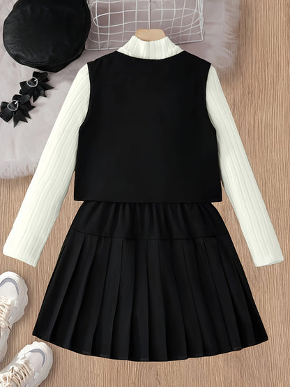 Girls' Casual Round-Neck Top, V-Neck Vest & Pleated Skirt Set