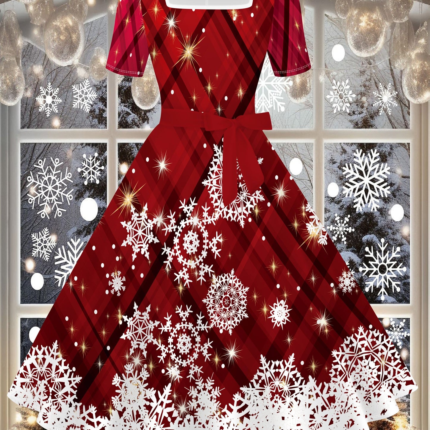 Women's Elegant Red & White Snowflake Print Winter Dress with Square Neckline & A-Line Silhouette - Machine Washable Floor-Length Party Dress for Christmas, New Year's Eve, Everyday & Formal Events - Festive Winter Outfits, F