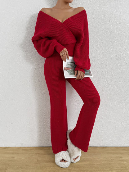 Women's Autumn Winter Sweater V-Neck Sleeveless Pullover with Wide-Leg Pants Elegant Two-Piece Set