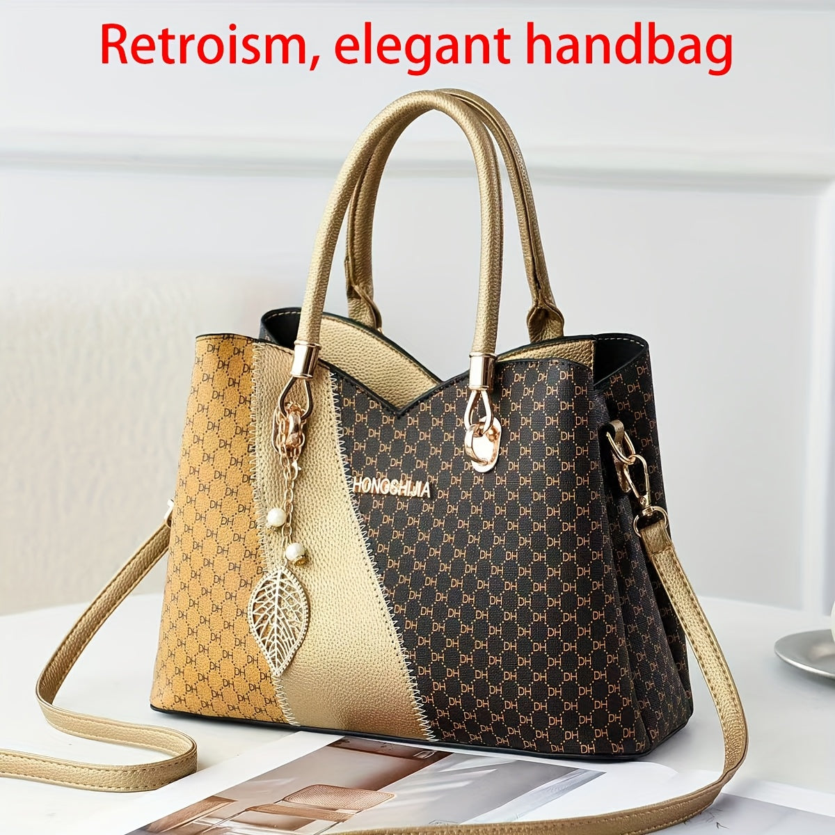 Women's Elegant Two-Tone Faux Leather Tote Bag with Detachable Strap