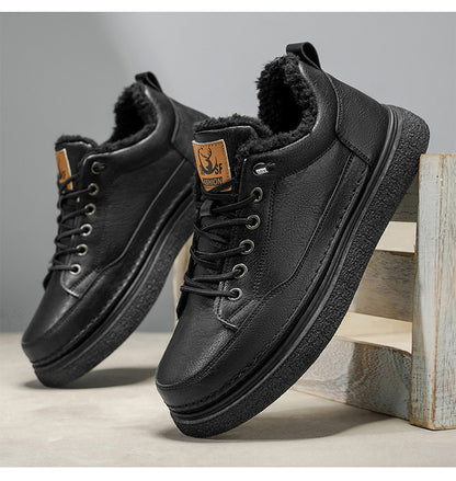 Men's Winter Warm PU -Like Hiking Sneakers with Plush -Like, EVA Cushioned Sole & Rubber Traction Tread - Low-Top Lace-Up Outdoor Shoes for Ice, Snow, Casual Wear (Black/Brown) - Cold Weather