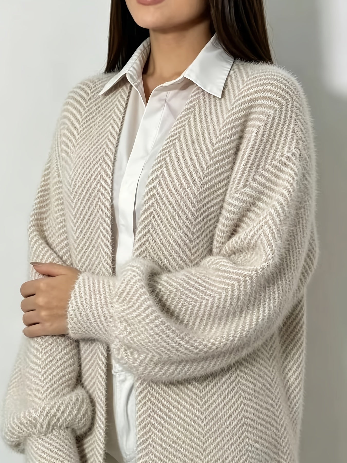 Plus Size Elegant Striped Lantern Sleeve Cardigan for Fall
