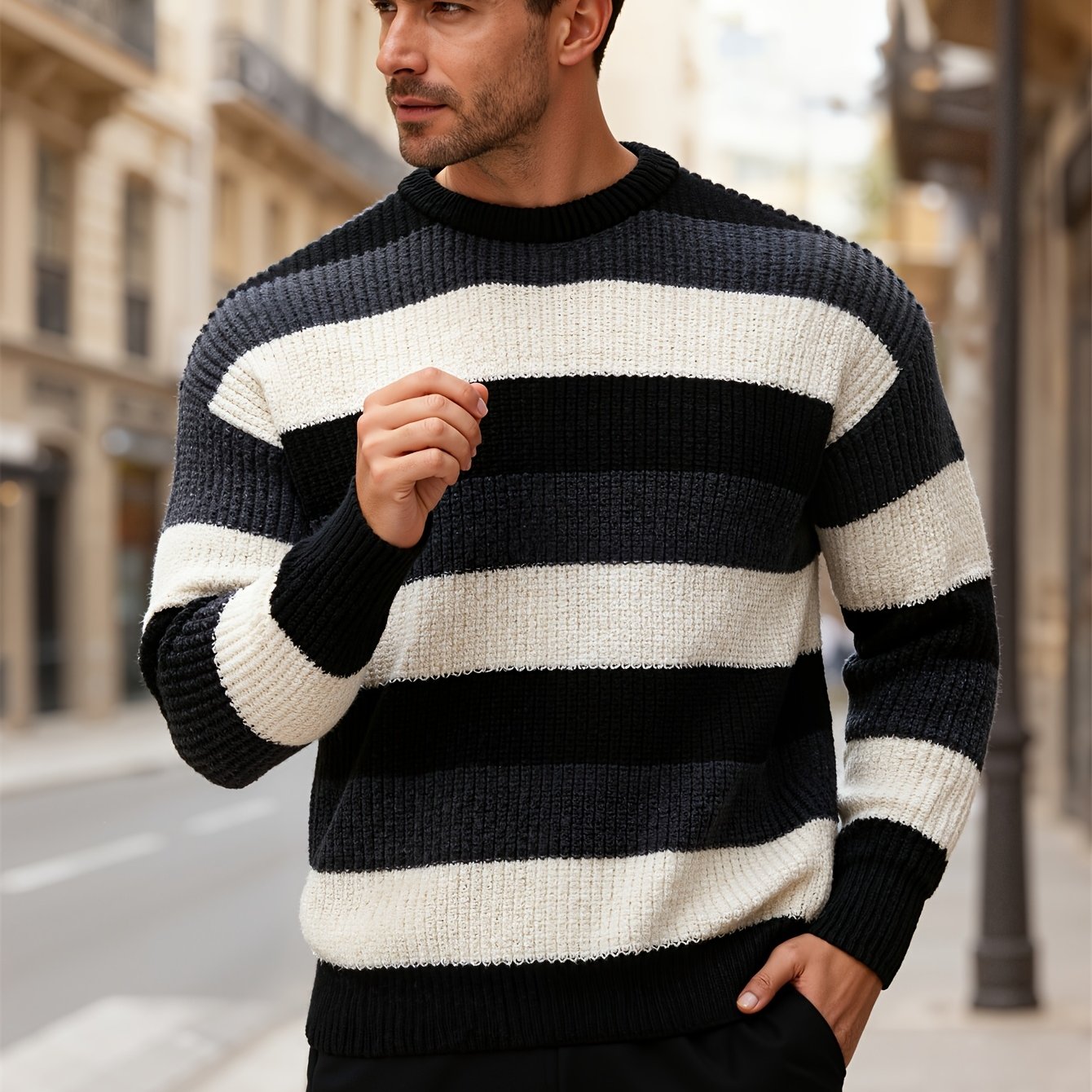 JNBLDA Chic Striped Knitted Sweater, Men's Casual Warm Stretch Round Neck Pullover Sweater for Fall Winter