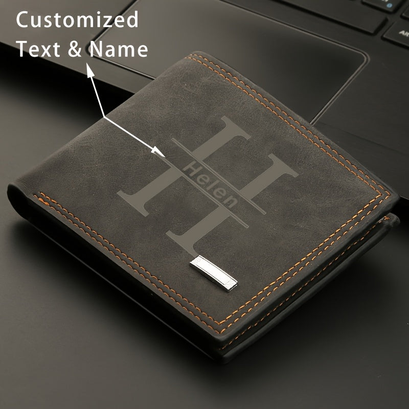 Personalized Men's Faux Leather Wallet - Vintage Style, Business Card Holder, Black PU with Plaid Detail