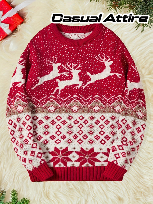 Men's Red & White Nordic Winter Knit Sweater with Reindeer & Snowflake Patterns - Soft Round Neck Long Sleeve Christmas Sweater for Men, Cozy Casual Winter Sweater for Holiday Parties & Casual Attire, Hand Washable, Festive S