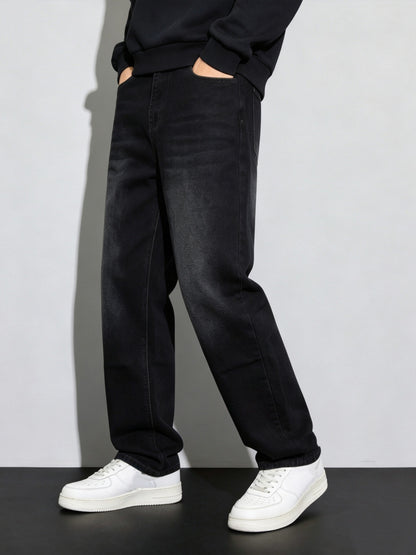 Boys' Casual Black Straight-Leg Jeans with Elastic Waist