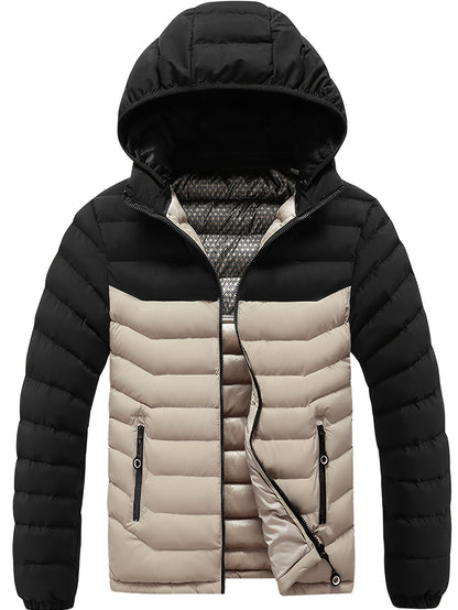 Men'S Winter Jacket with Detachable Hood - Black & Green Color Block, Zip-Up Casual Coat, Long Sleeve, Polyester Lining, Pockets, Regular Fit for Fall/Winter Outdoor Wear, Winter Coat, Fall Outerwear, Trendy Winter Jacket, Du