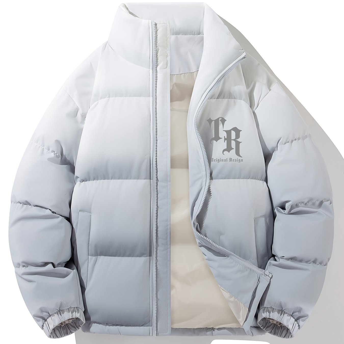 1pc Men'S Street Style Stand Collar Coat, Alphabet Print, Regular Fit, Drawstring Detail, Non-Stretch Woven Polyester, 100% Polyester Filler, Long Sleeve Casual Warm Gradient Jacket for Autumn and Winter