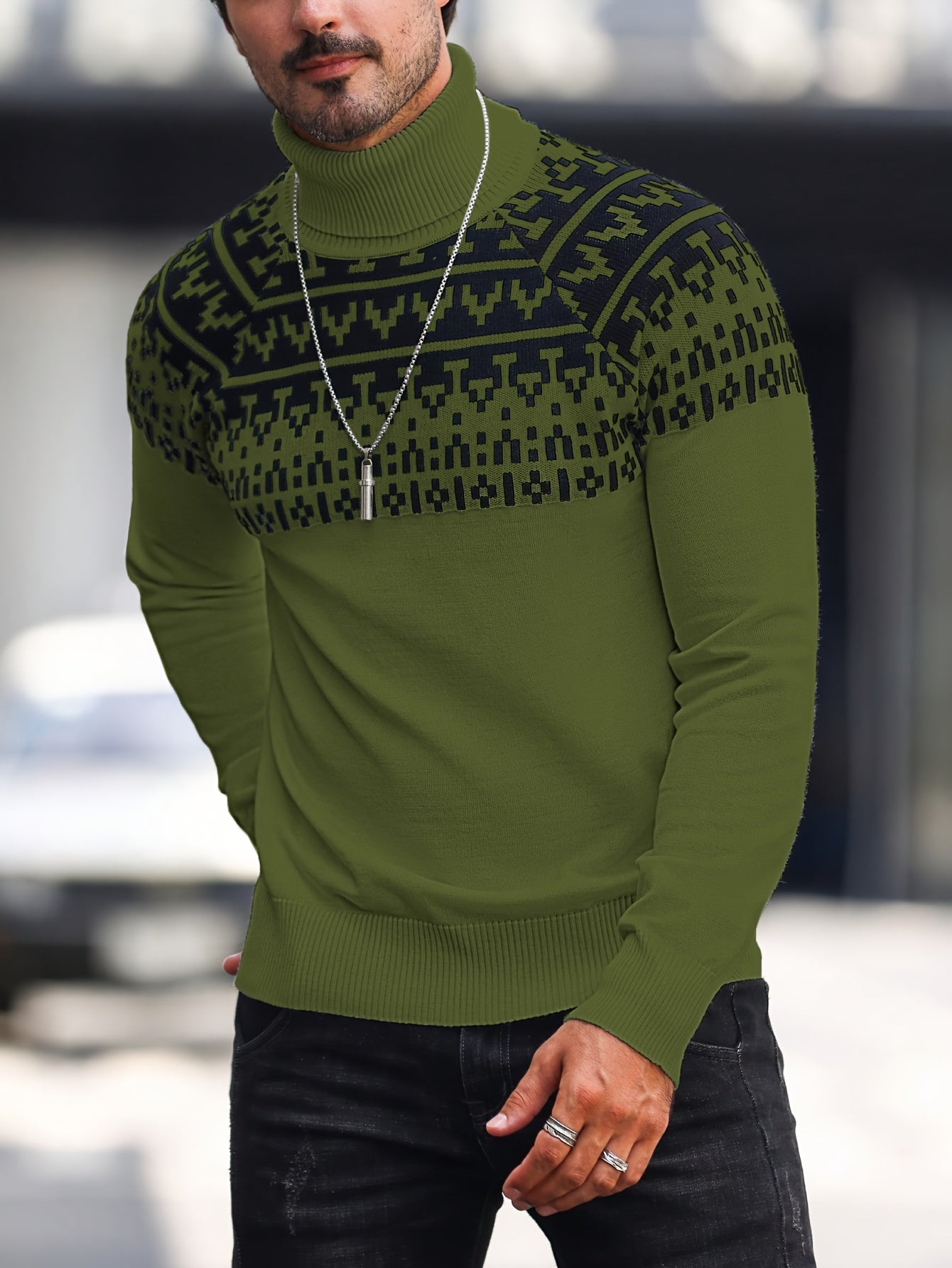 Men's Geometric Graphic Print Knitted Pullover, Casual Long Sleeve Turtle Neck Sweater For Fall Winter, Outdoor Cloth