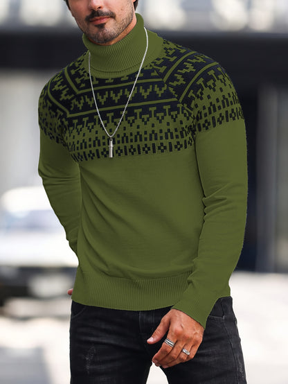 Men's Geometric Graphic Print Knitted Pullover, Casual Long Sleeve Turtle Neck Sweater For Fall Winter, Outdoor Cloth