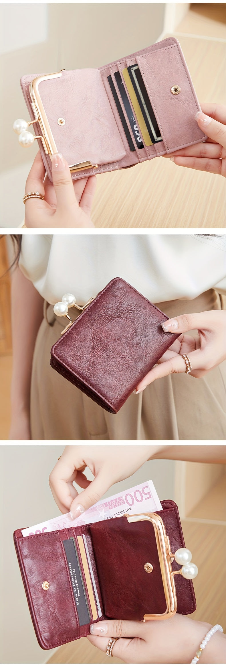 Women's Wallet Short Compact Three Layer LargeCapacity Retro Pearl Wallet High Quality PU Multi Card Seat/Coin ZeroWallet