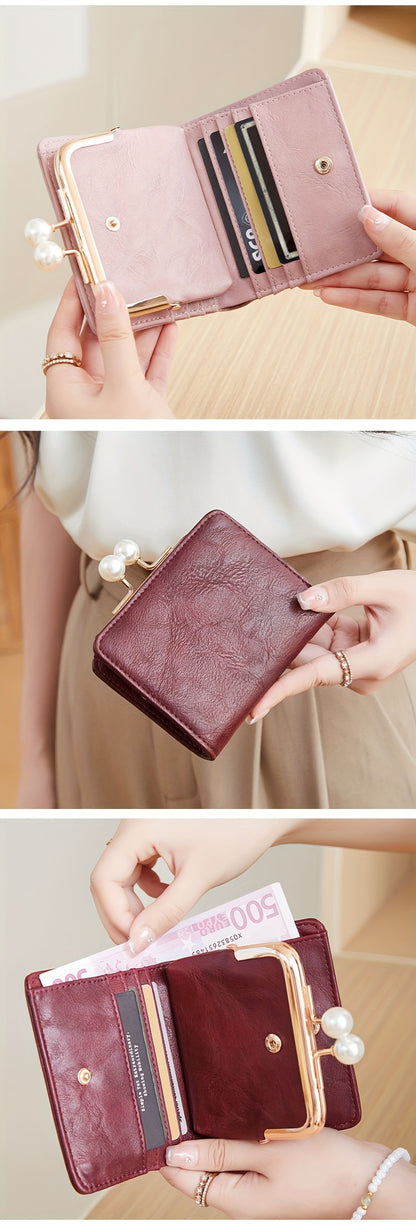 Women's Wallet Short Compact Three Layer LargeCapacity Retro Pearl Wallet High Quality PU Multi Card Seat/Coin ZeroWallet