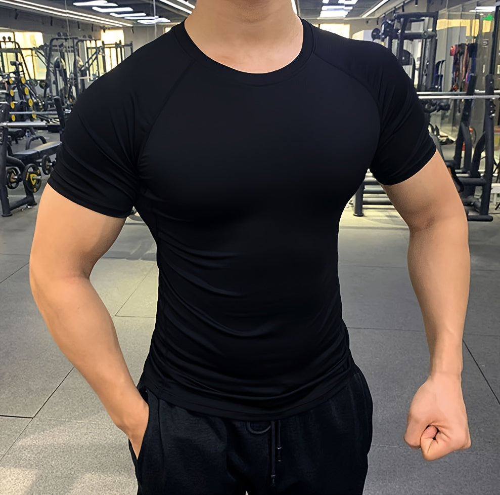 Men's Quick-Dry Athletic T-Shirt - Stretchy, Breathable Polyester, Short Sleeve, Round Neck, Black, Gym  Running Workout Essential, Sports Clothing   Sleek Athletic Tee   Breathable Fabric, Workout Clothes