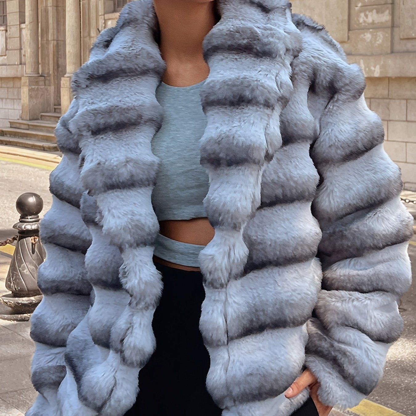 Women'S Faux Fur Coat with Imitation Dragon Cat Pattern - Stylish Gray & White Plush Winter Jacket, Casual Long Sleeve Outerwear for Cold Weather, Cozy Fleece Lined for Comfort