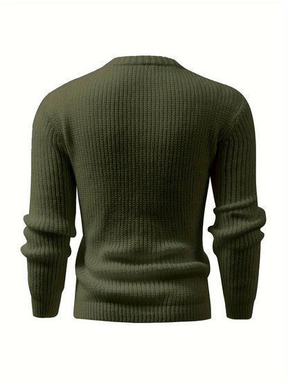 Men's Solid Color Ribbed Knit Sweater - High Elasticity Round Neck Long Sleeve, All-Season Comfort, Regular Fit Casual & Formal Wear, Easy Care Hand Wash/Dry Clean, Comfortable Fashion, Textured Fashion, Highelasticity Fabric