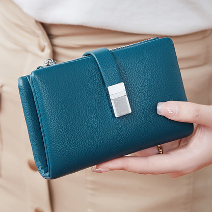 A Compact Trifold Wallet Made of Soft PU in a Solid Color, Featuring Metal Accents. It Includes a Zippered Coin Pocket, Card Slots, And an ID Window, Suitable for Credit Cards, ID Cards, Cash, And Coins. This Modern, Lightwei