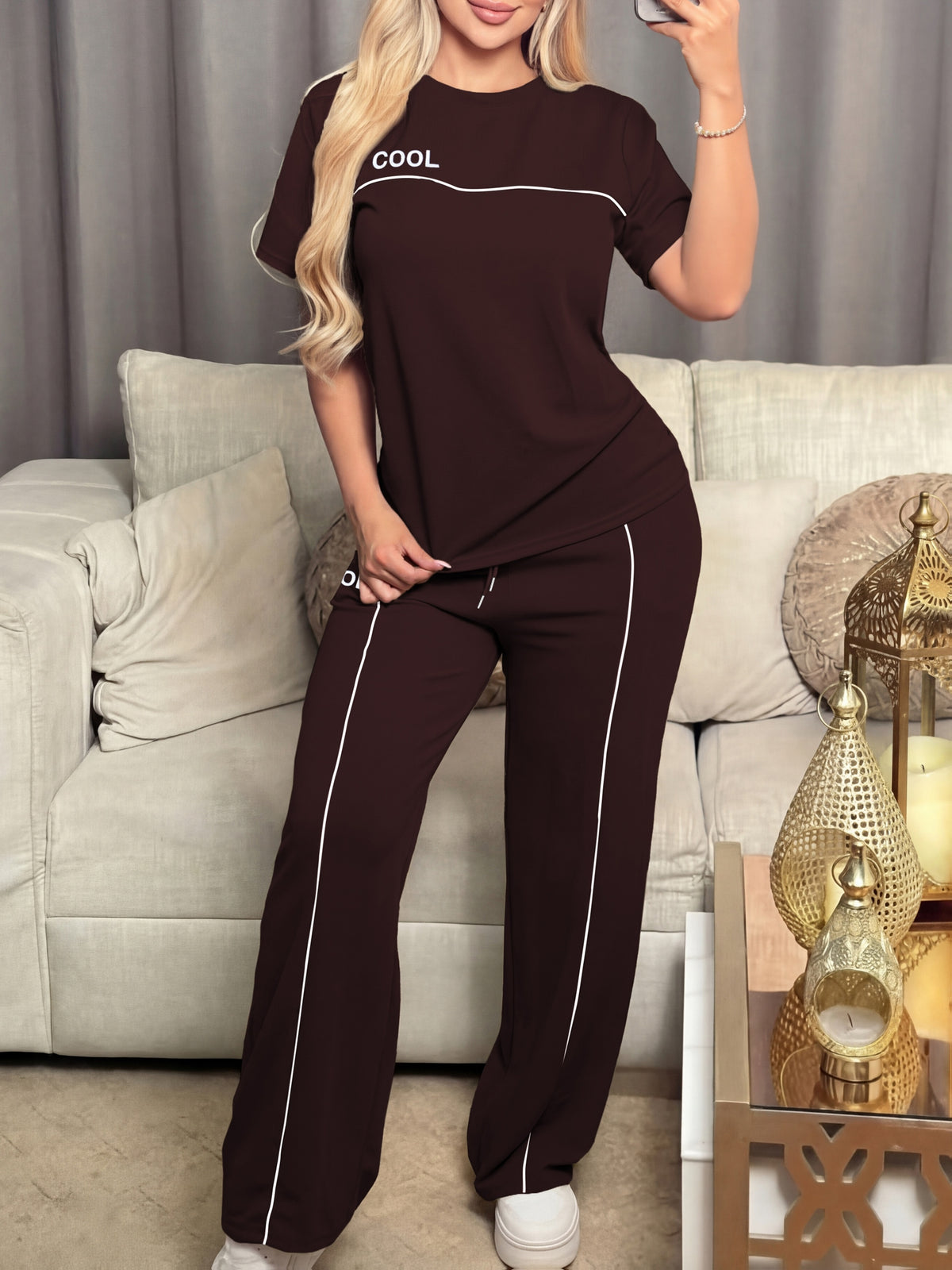 Women's Casual Letter Print Short Sleeve Top & Pants Set