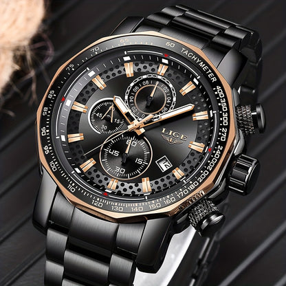 LIGE Watches Fashion Junior Men's Sports Multifunctional Quartz Watch, IP68 Waterproof Watch, Stainless Steel Band, Precision Chronograph, Stopwatch Date Function, Casual Elegant Vintage Style New Watch, Holiday Gifts - ayq