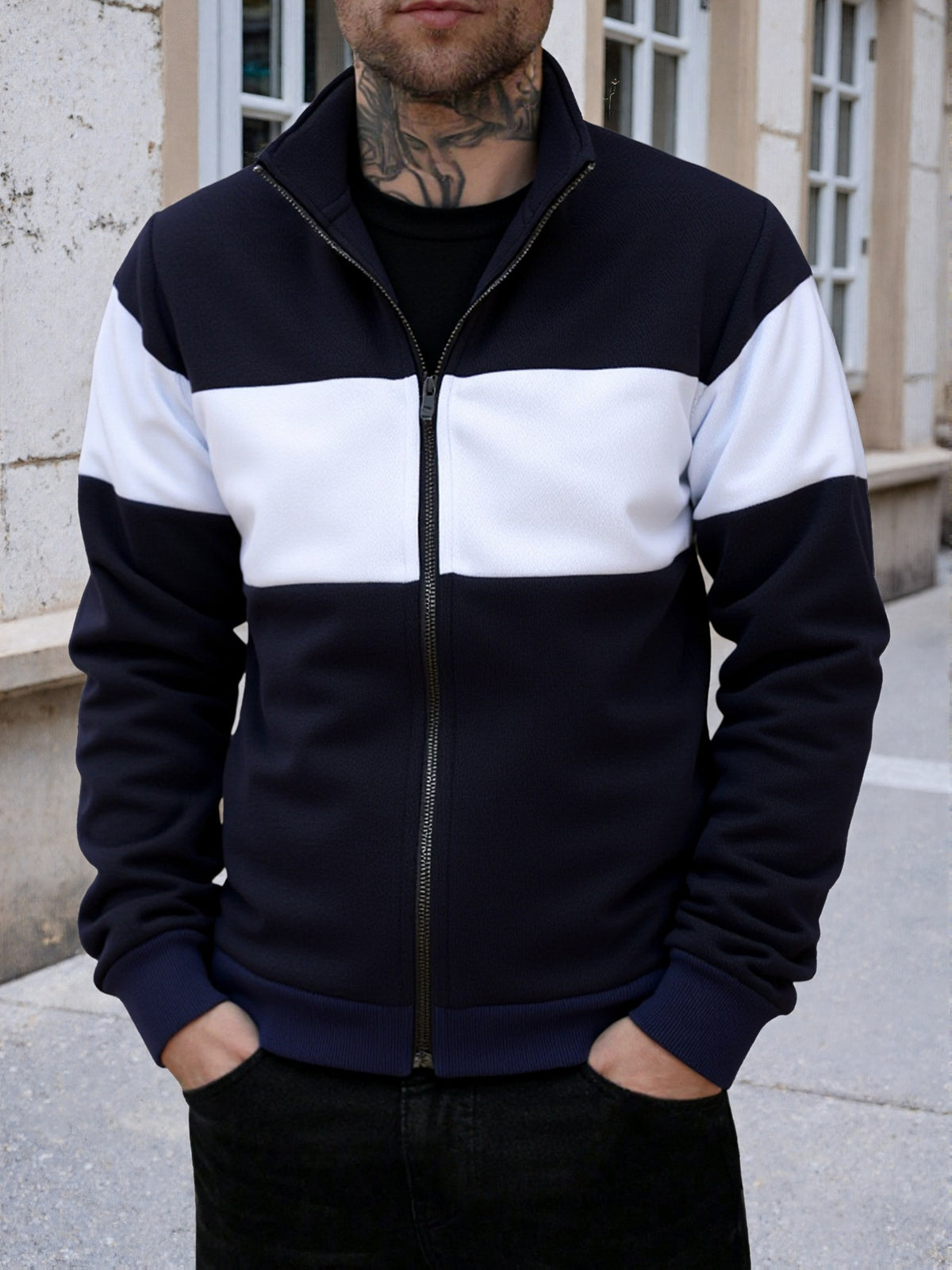 Men's Casual Stand Collar Zip-Up Fleece Jacket with Color Block