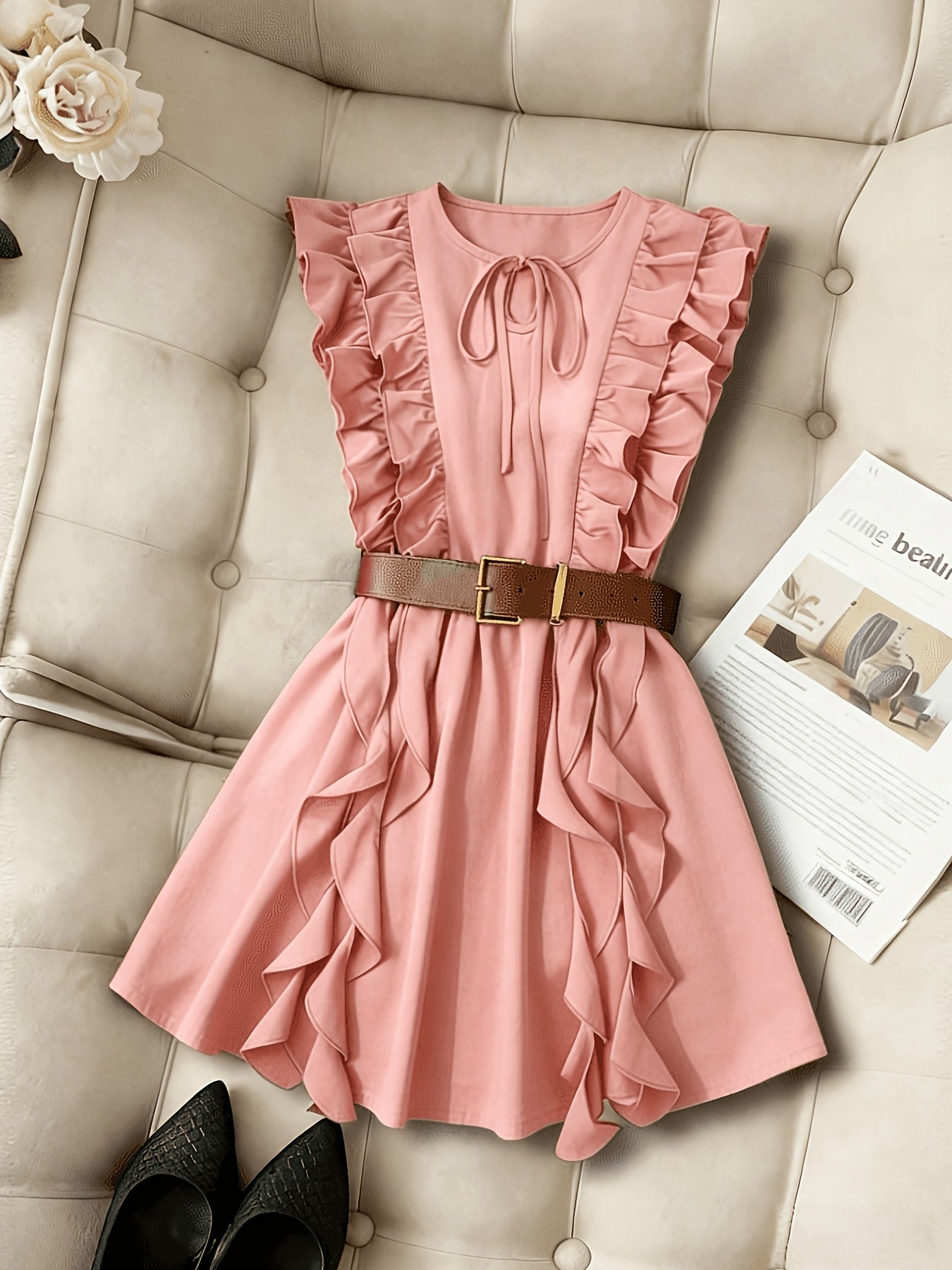 Vintage Waist-Cinching Solid Ruffle Mini Dress for Women