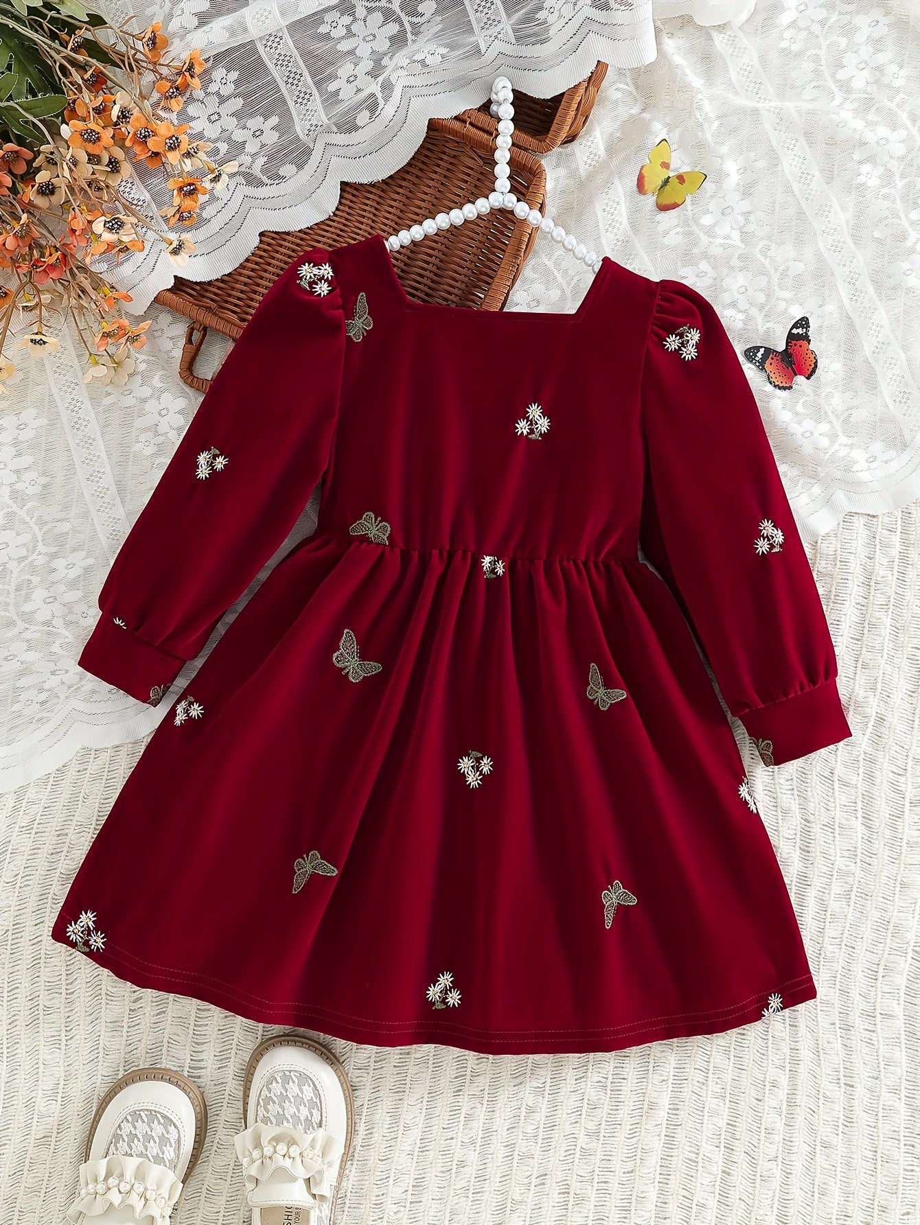 Dreamy Party Dress for Girls - Sweet 3-D Bow with Playful Embroidered Accents, Long Sleeve Spring/Fall Holiday Gathering Outfit