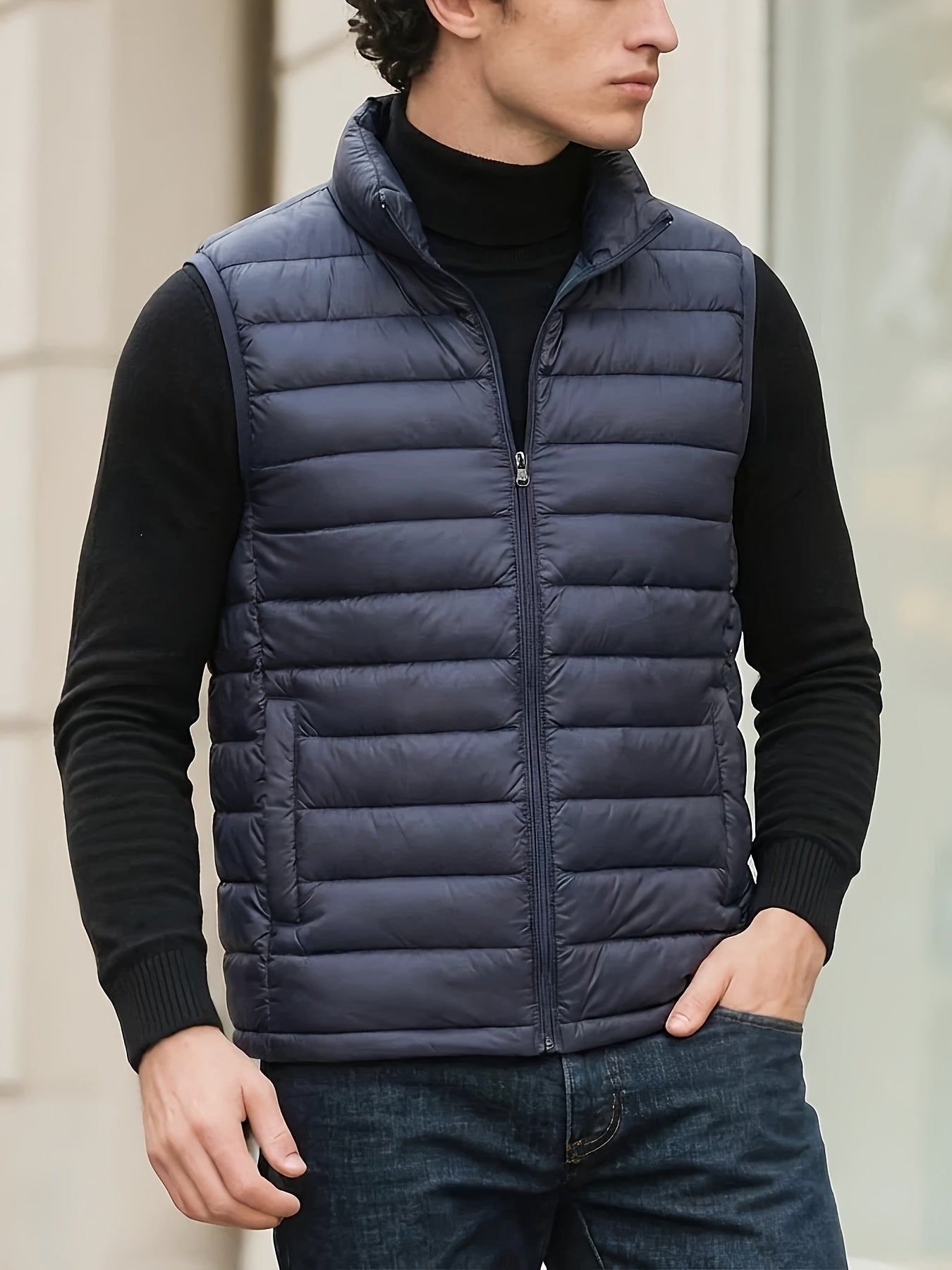 Men's Lightweight Polyester Jacket with Stand Collar & Pockets