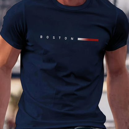 Men's Heavyweight 180gsm Cotton T-Shirt - Dark Gray Crew Neck Tee with Bold "Boston" Print, All-Season Everyday  Formal Shirt for Men - Machine Washable Luxury Casual Top, Versatile Clothing, Modern Design, Premium Fabric, S