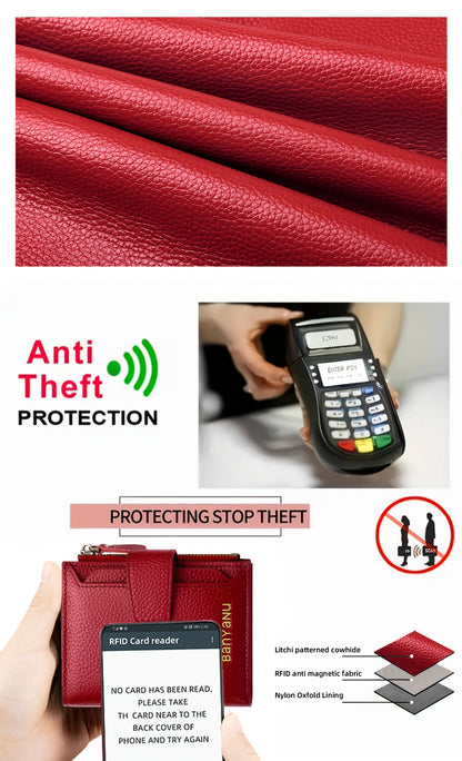 BANYANU Women'S Genuine Faux Leather Wallet - Red Lychee Grain Texture, Multi-Card Slots, Zippered Coin Pocket, Detachable ID Window, Compact Design for Everyday Use, Secure Coin Storage | Stylish Wallet | Synthetic
