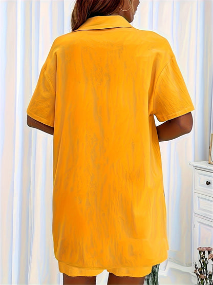 Women's Casual Two-Piece Set: Button-Up Shirt & Drawstring Shorts