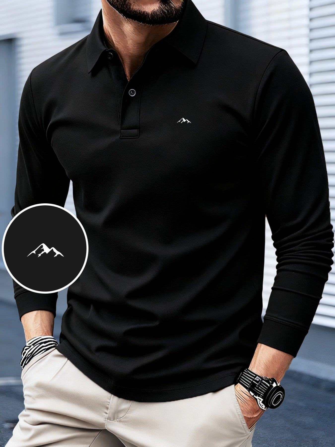 Men's Long Sleeve Polo Shirt with Mountain Peak Pattern