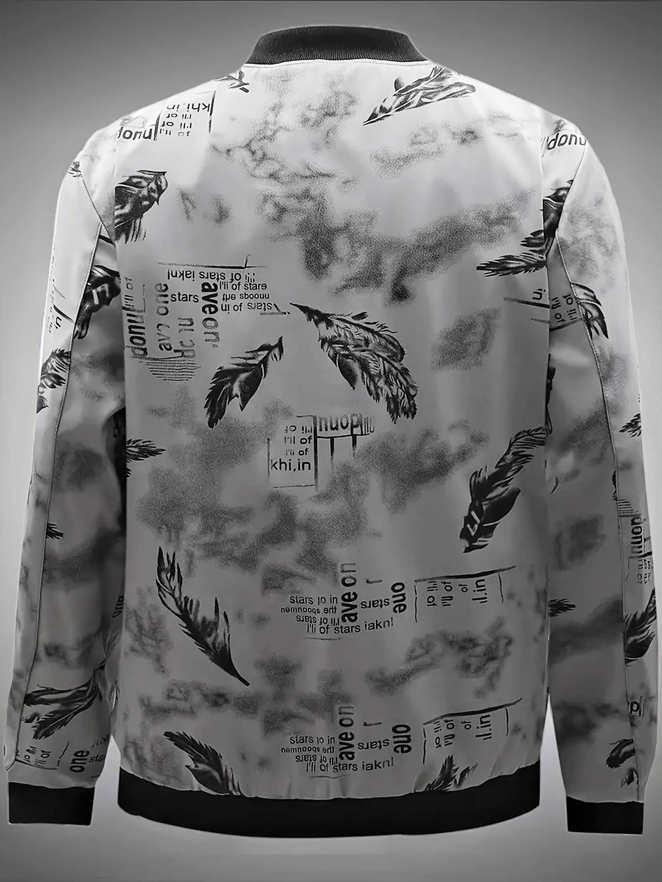 Men'S Lightweight Preppy Bomber Jacket with Feather & Star Print, Stand Collar, Zip-Up, Loose Fit, Polyester Lining, Casual Streetwear Style, Casual Outerwear | Star Pattern Jacket | Zippered Jacket