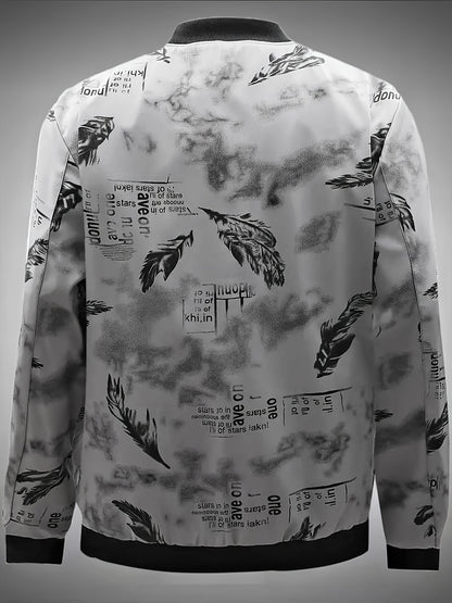Men'S Lightweight Preppy Bomber Jacket with Feather & Star Print, Stand Collar, Zip-Up, Loose Fit, Polyester Lining, Casual Streetwear Style, Casual Outerwear | Star Pattern Jacket | Zippered Jacket