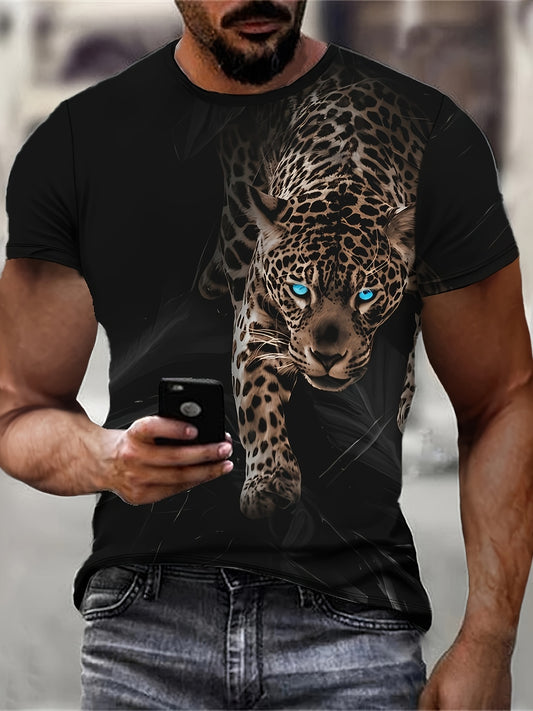 Men's Black T-Shirt with Bold Leopard Face Graphic - Short Sleeve Round Neck Casual Shirt, Lightweight Summer Top for Gym, Everyday  Formal Outfits - Machine Washable Bold Animal Print Tee, Comfortable Fit