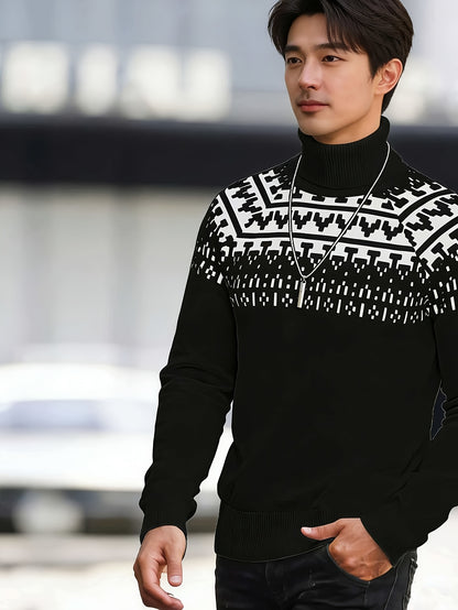Men'S Solid Color Plaid Warm High-Neck Knitted Long-Sleeve Sweater for Casual Wear in Autumn And Winter